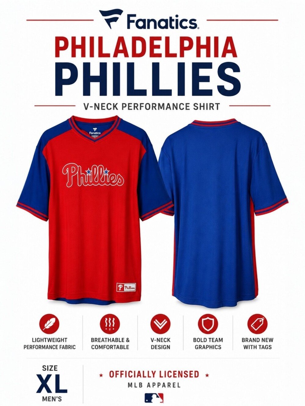 Fanatics Philadelphia Phillies Classic V-Neck Performance Shirt Size XL NWT